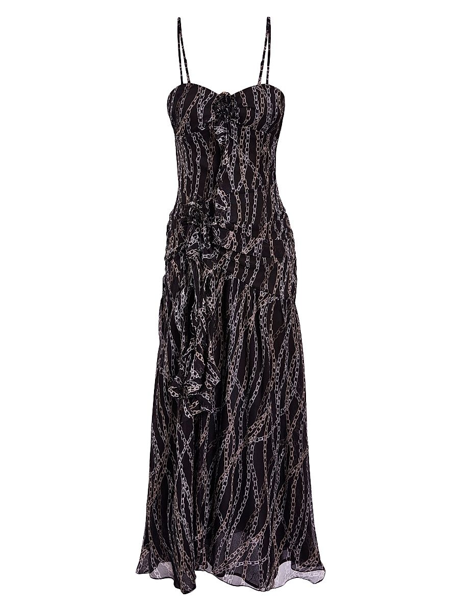 Women's Mira Chain-Print Silk Midi Dress - Black Chain - Size Small
