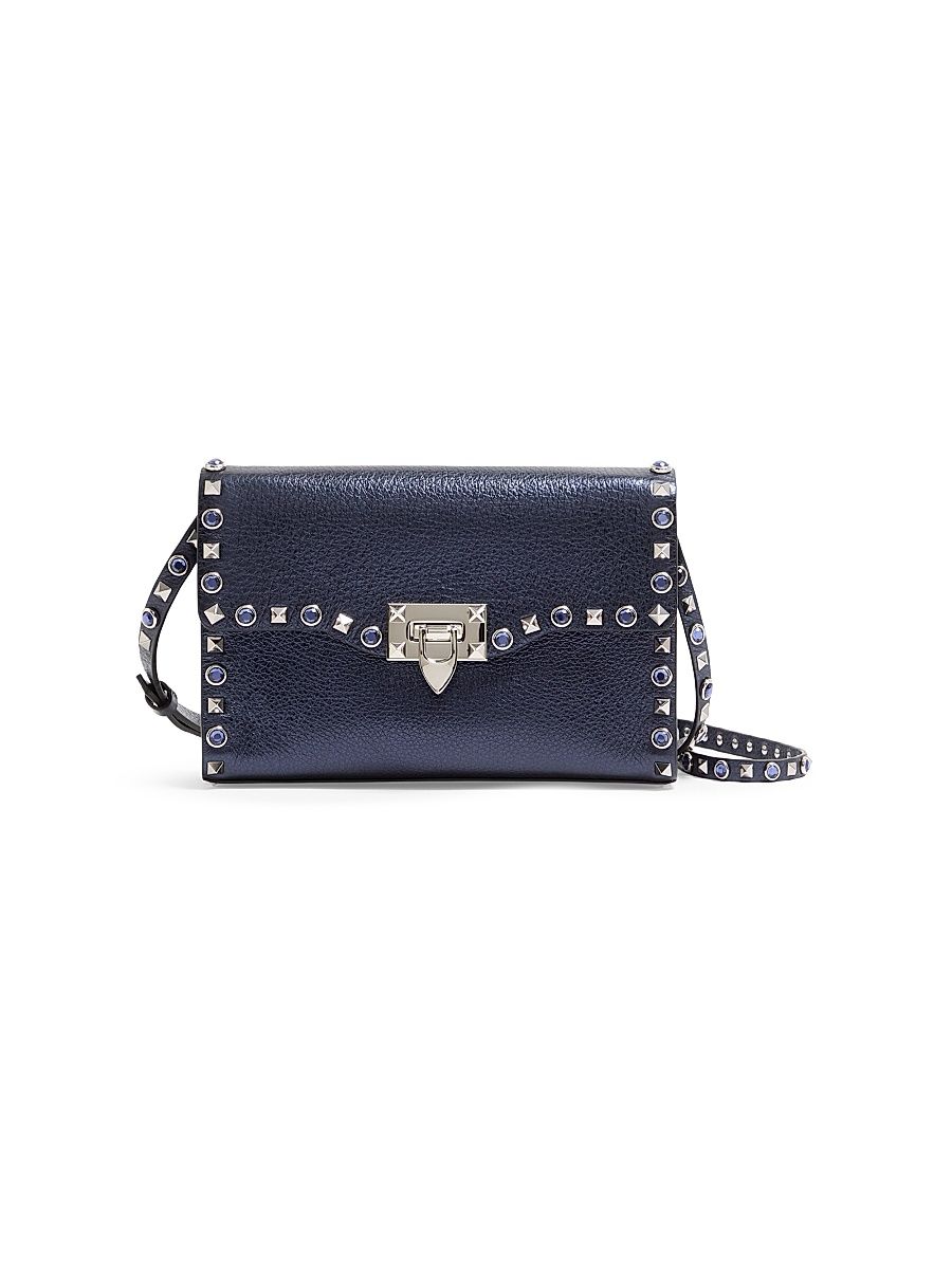 Women's Rockstud Small Crossbody Bag in Laminated Calfskin - Navy
