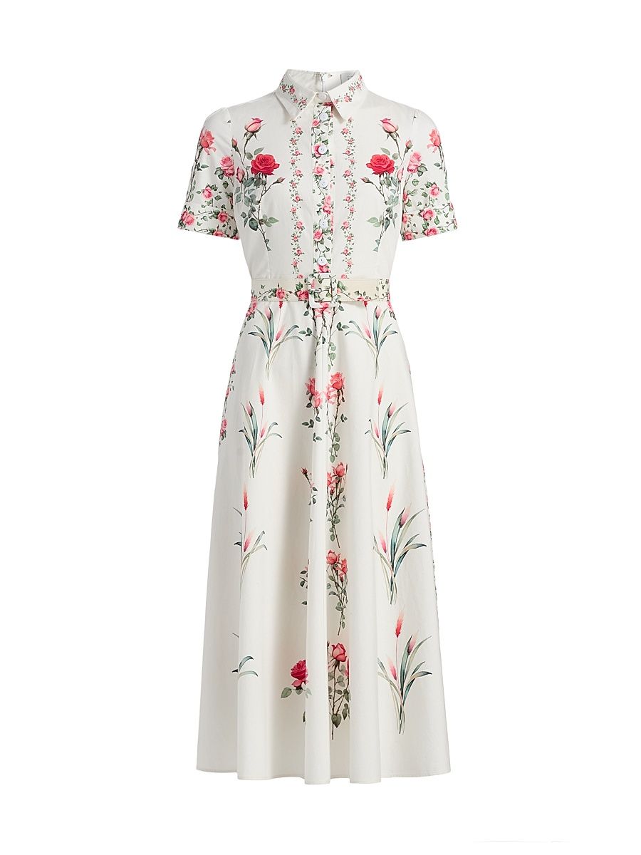 Women's Floral Shirtwaist Belted Cocktail Midi-Dress - White Mult - Size 18