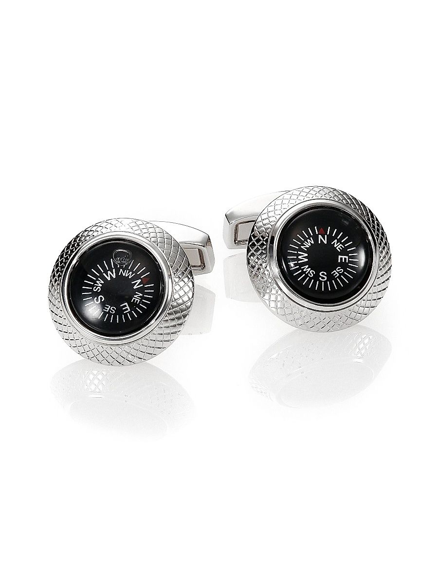 Men's Compass Mechanical Cuff Links - Silver Black