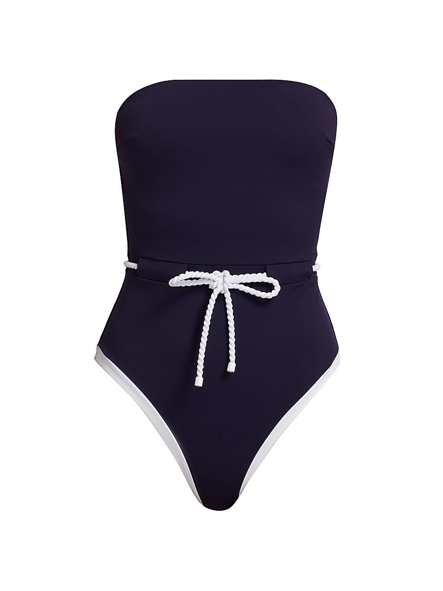 Women's Solid Belted One-Piece Swimsuit - Navy - Size Large