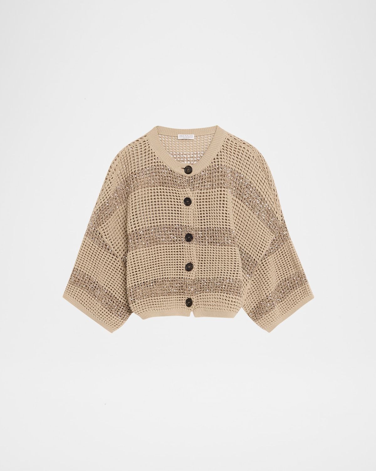 Paillette Striped Open-Knit Short-Sleeve Cardigan