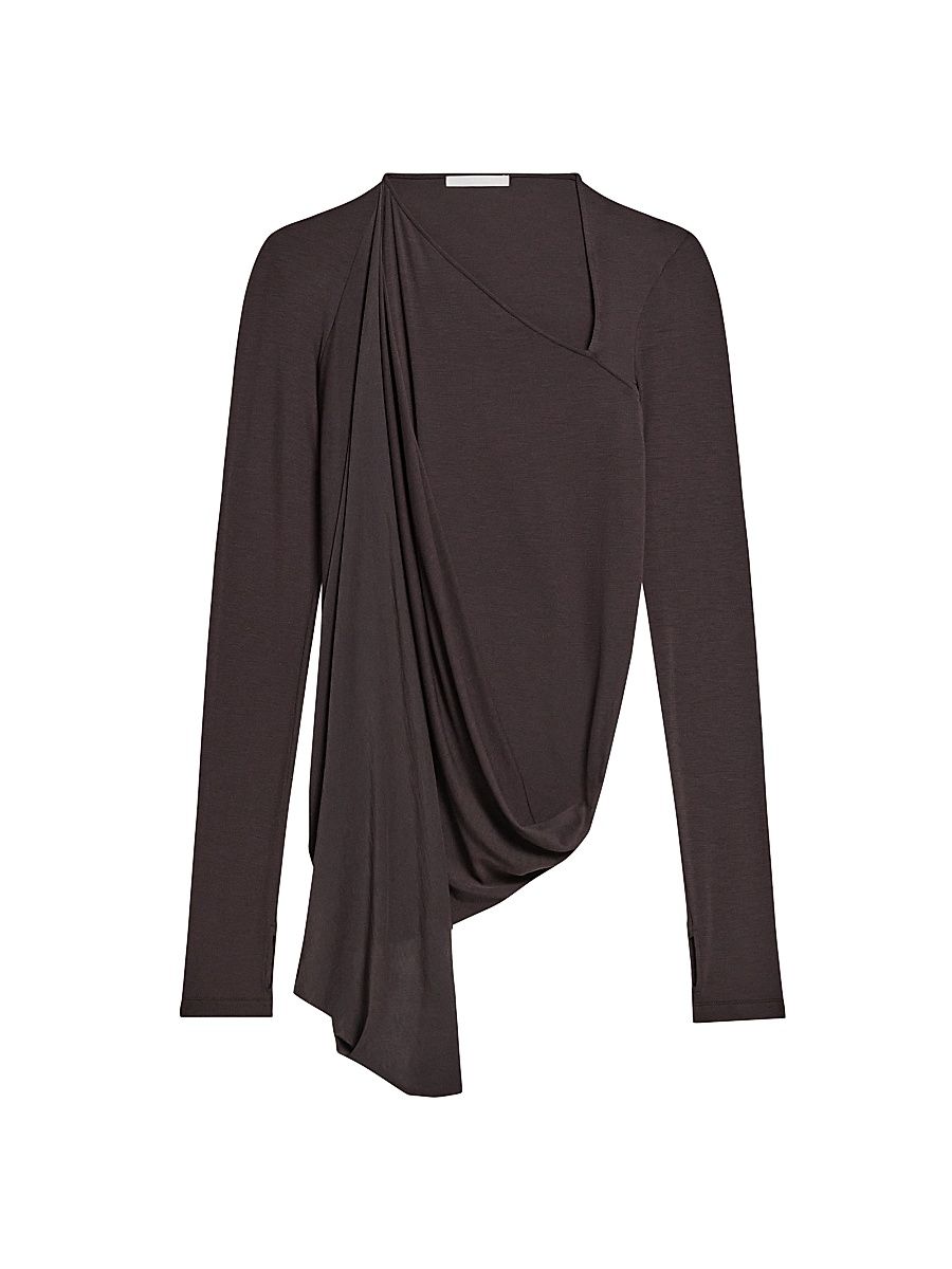 Women's Draped Asymmetric Long-Sleeve Top - Dark Roast - Size Large