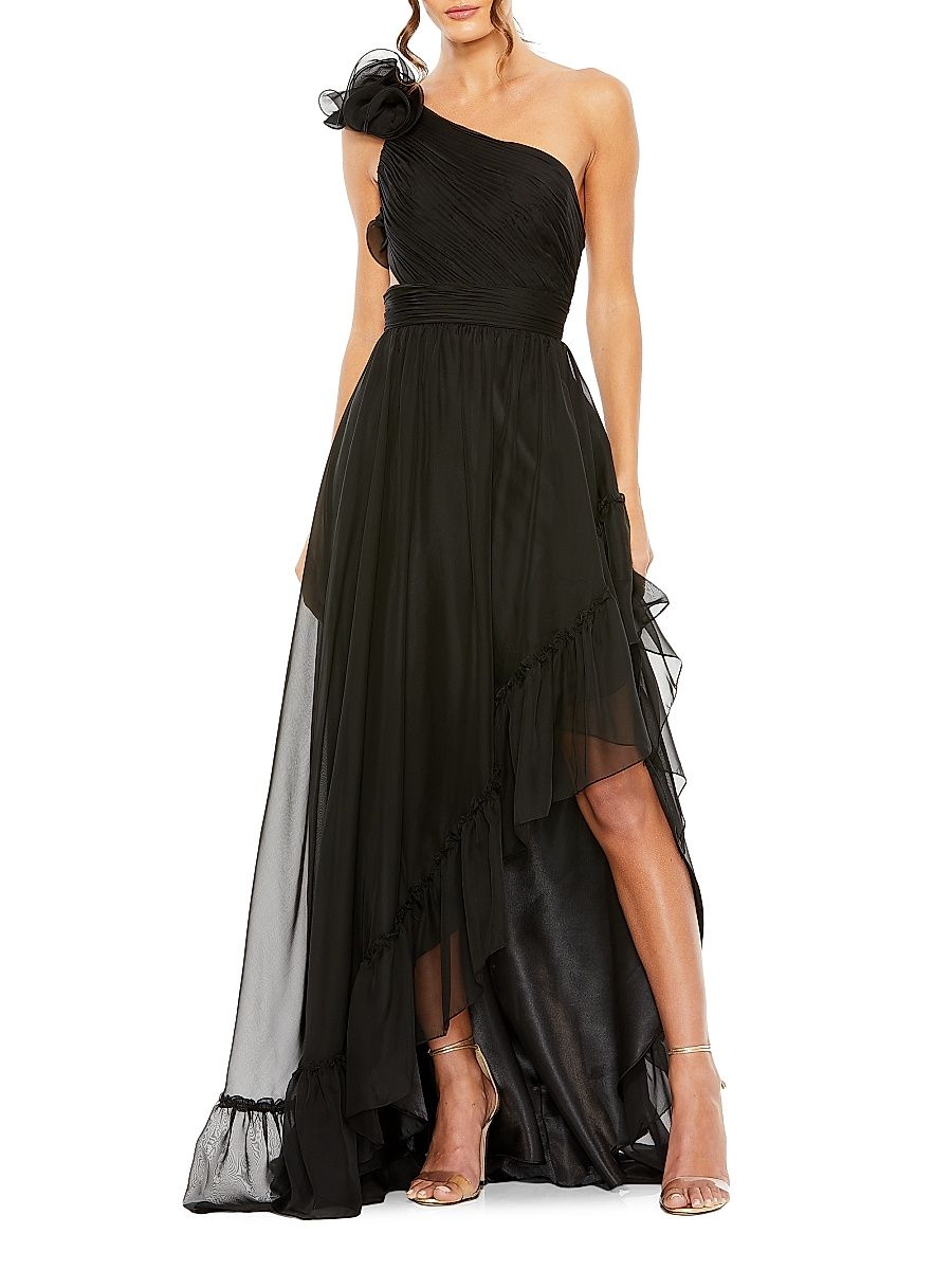 Women's One-Shoulder Asymmetric Chiffon Gown - Black - Size 12
