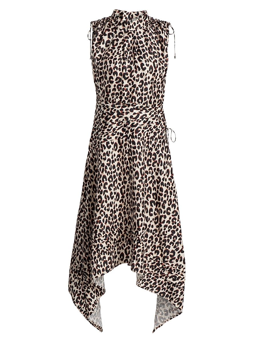 Women's Leopard-Print Silk-Blend Ruched Midi-Dress - Chalk Multi - Size 12