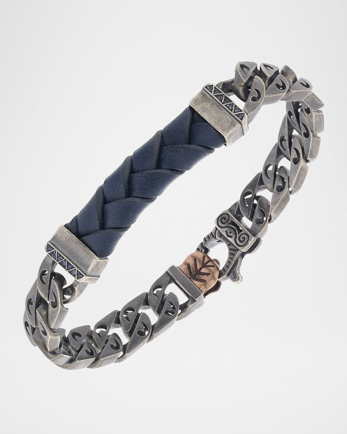 Men & apos;s Flaming Tongue Leather Chain Bracelet with Blue Sapphires, Oxidized Silver
