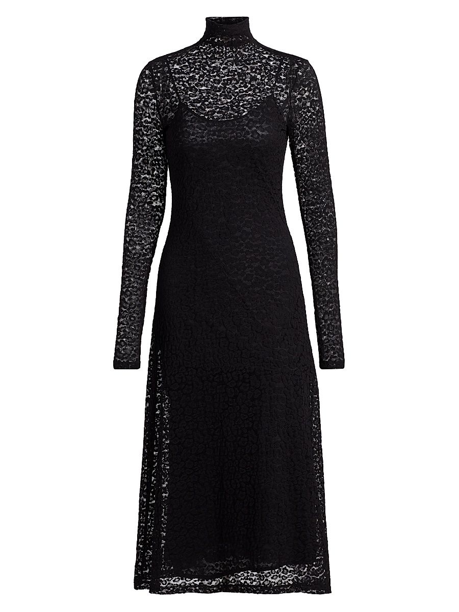 Women's Talia Leopard Lace Turtleneck Midi Dress - Noir - Size Large