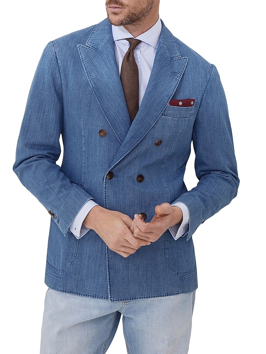 Men's Old Denim Deconstructed One and a Half Breasted Blazer - Light Blue Denim - Size 44