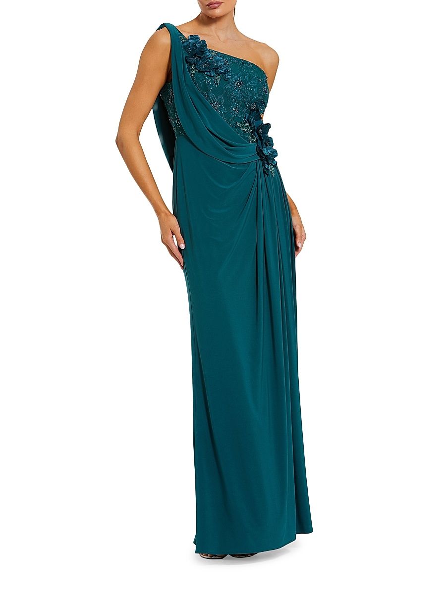 Women's Evening One-Shoulder Embellished Jersey Gown - Ocean - Size 14