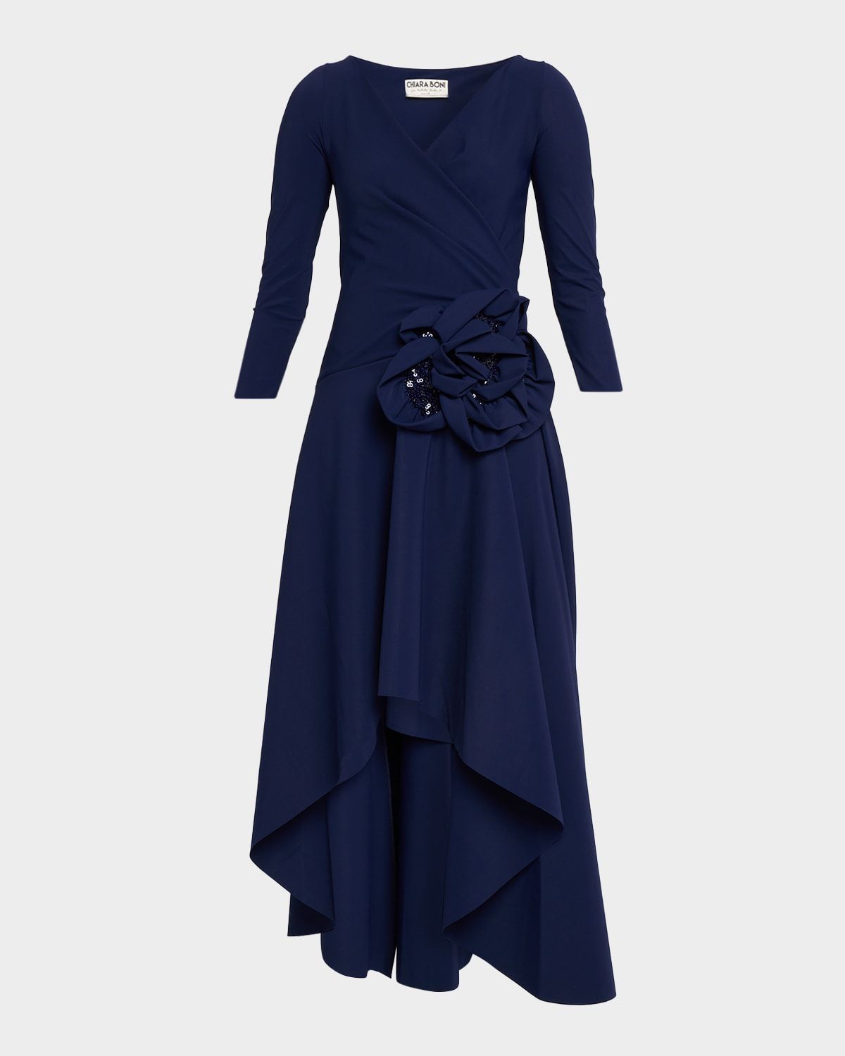 Rahim Sequin Rosette High-Low Midi Dress