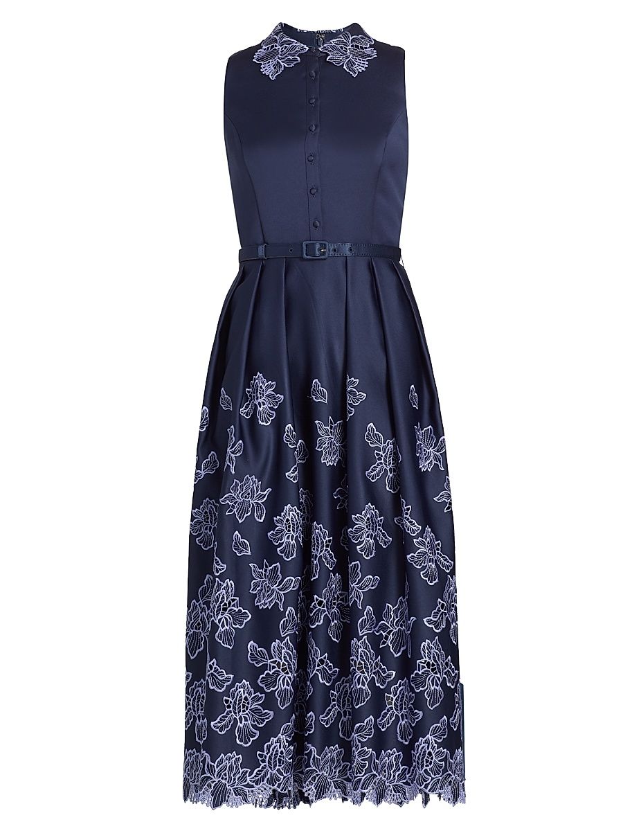 Women's Merisel Floral-Embroiderd Satin Sleeveless Shirtdress - Navy Deep Periwinkle - Size 16