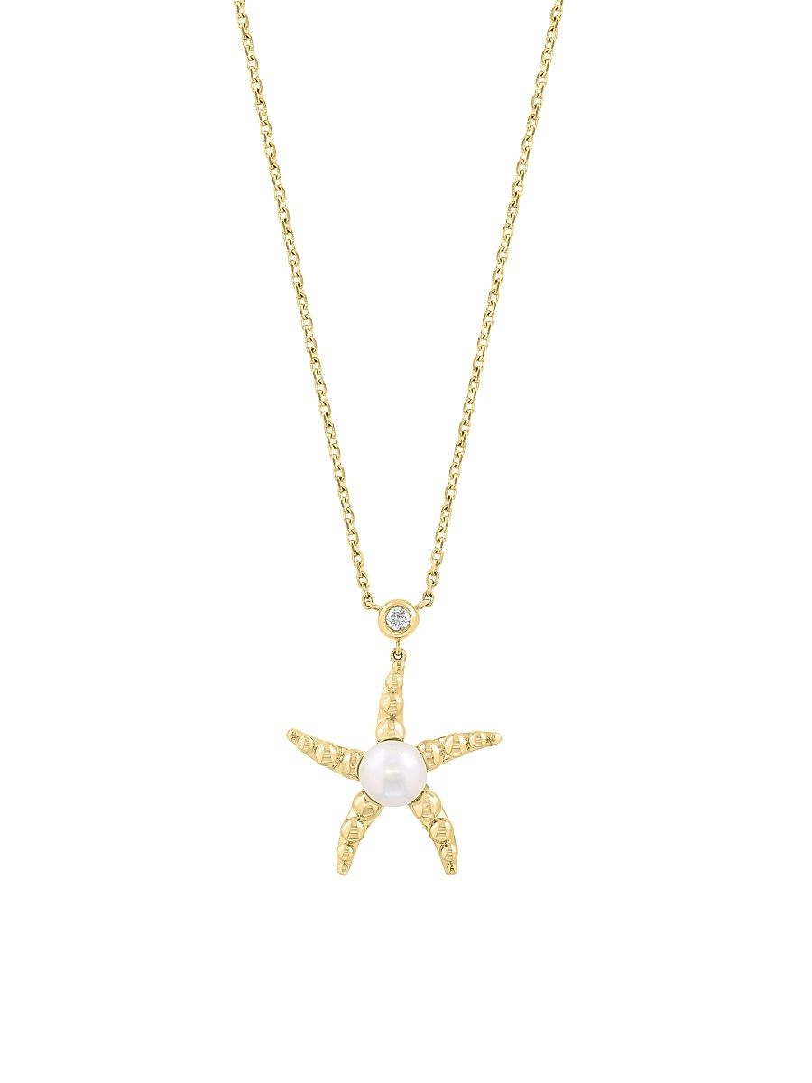 Women's 14K Yellow Gold, Freshwater Pearl & 0.05 TCW Diamond Starfish Pendant Necklace - Yellow Gold
