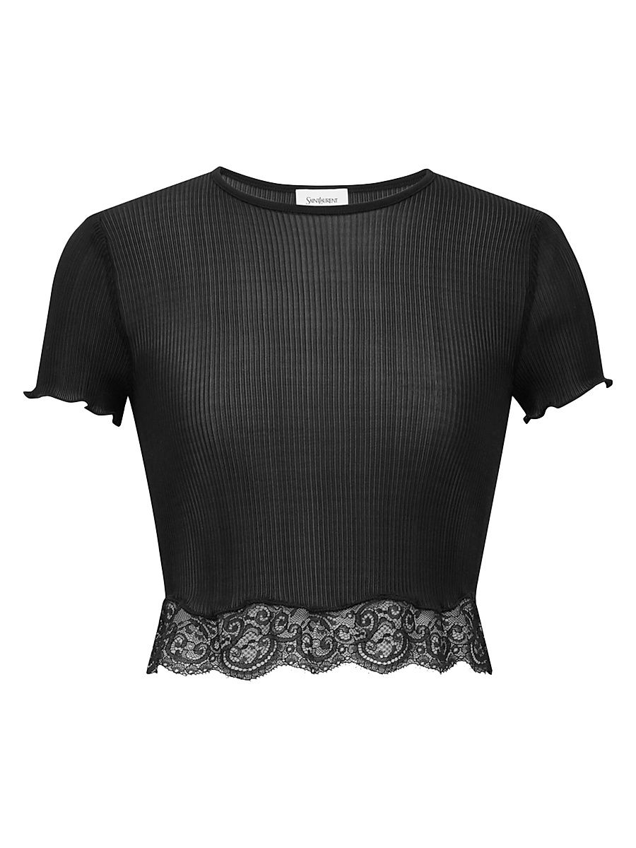 Saint Laurent Women's Laced T-Shirt in Ribbed Silk - Black - Size XS