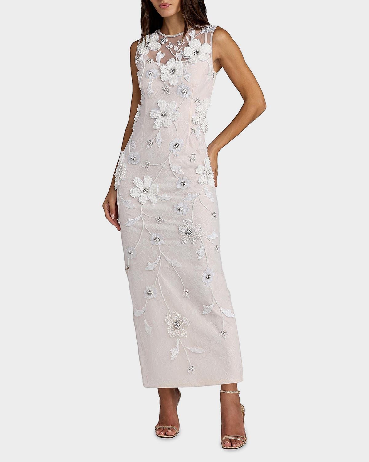 Embellished Floral Lace Sleeveless Midi Dress