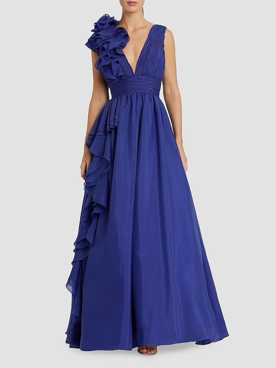 Mac Duggal Women's Ruffle Shoulder V-Neck Gown - Blush - Size 16