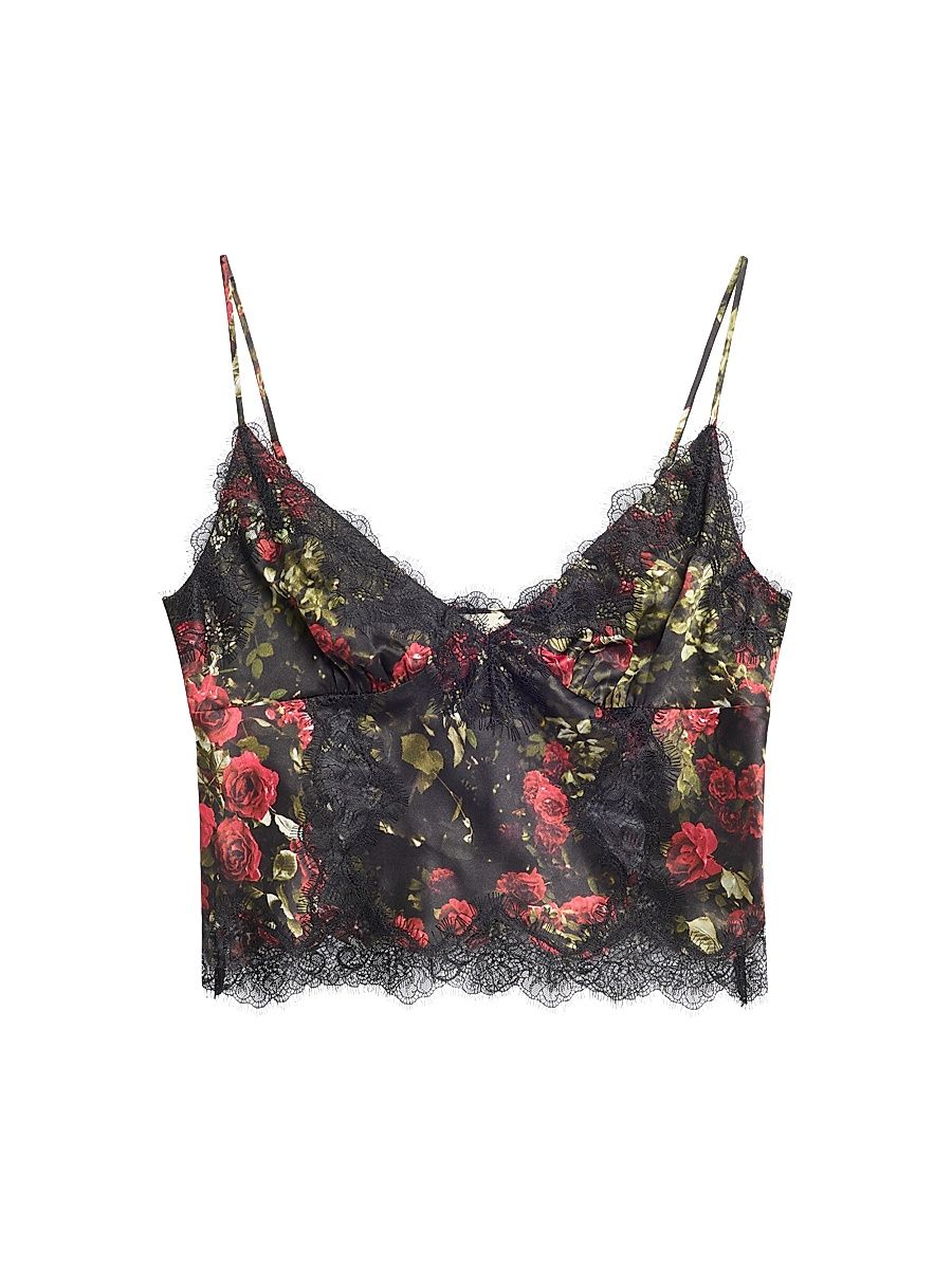 Women's Kimber Floral Lace-Trim Silk Relaxed-Fit Camisole - Black Red Grey - Size Large