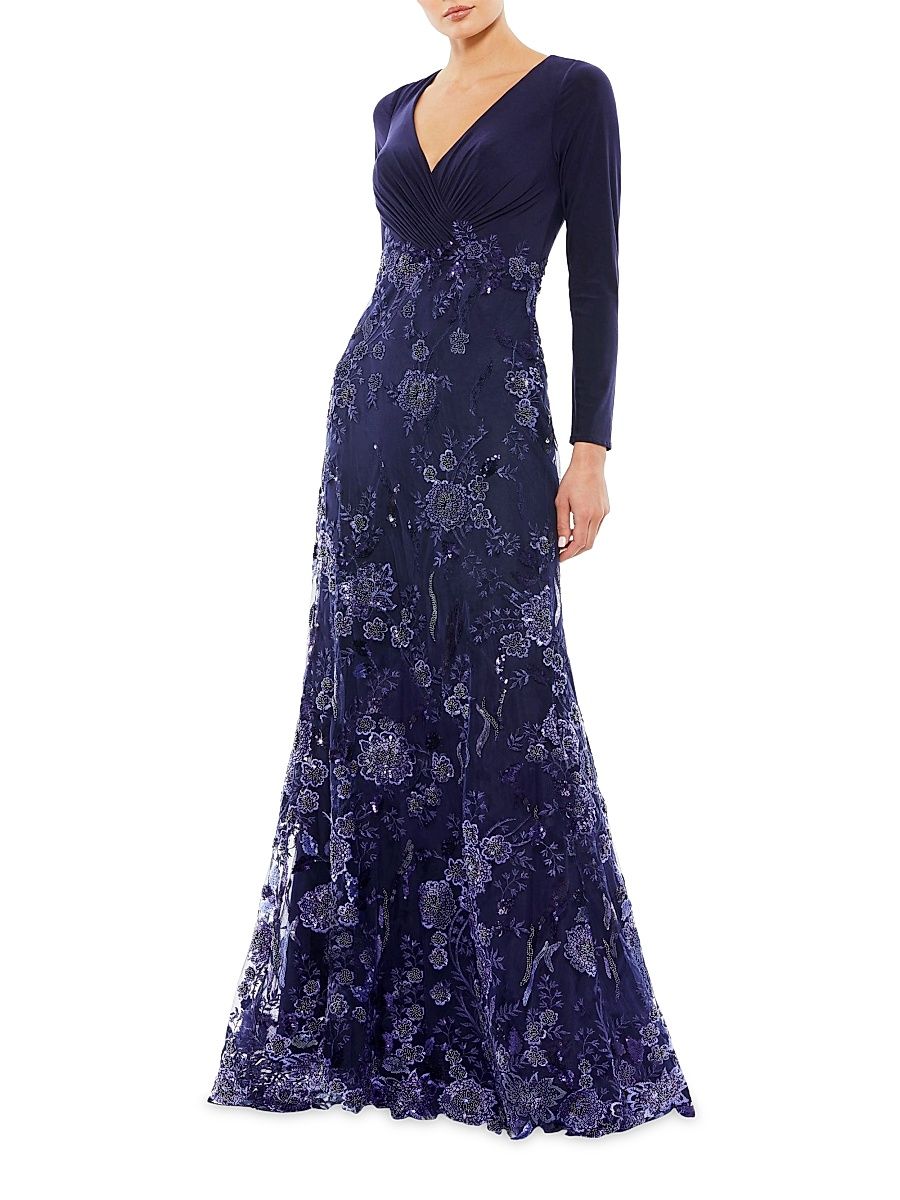 Women's Floral Sequin Long-Sleeve Gown - Midnight - Size 14