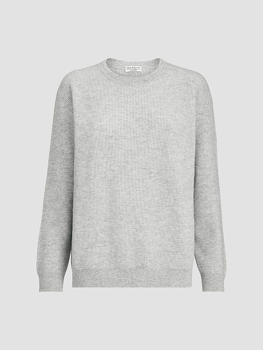 Women's Cashmere English Rib Sweater with Monili - Light Grey - Size XXXL