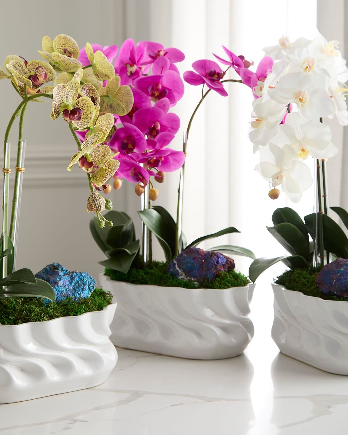 Triple Orchids with Peacock Ore 23" Faux Floral Arrangement in Ripple Vase