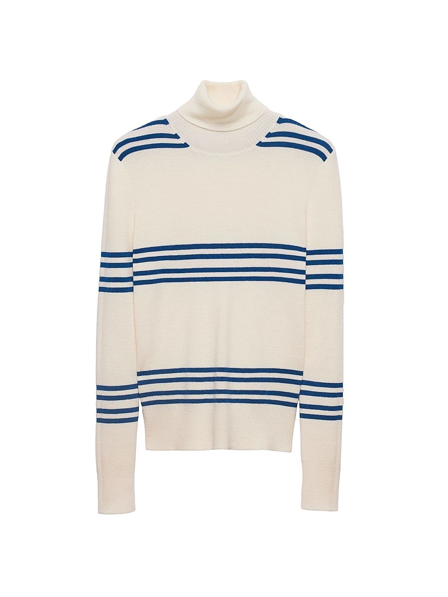 Women's Striped Wool Turtleneck Sweater - Beige Khaki - Size 4