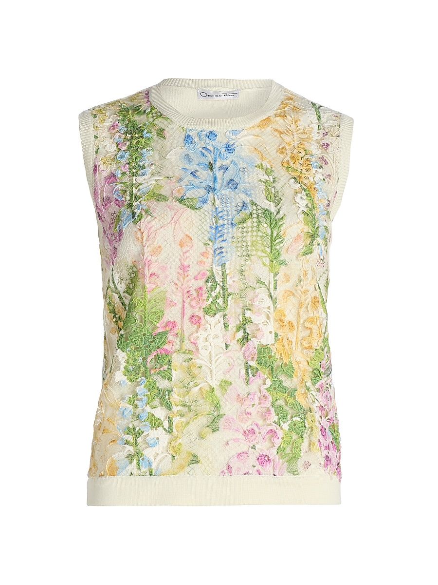 Women's Foxgloves Embroidered Lace Overlay Knit Sweater Tank - White Multi - Size Large