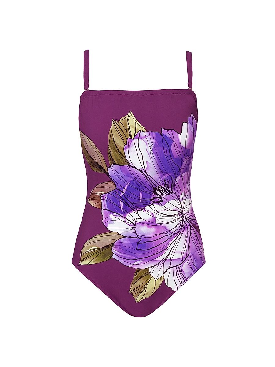 Women's Wild Flower Bandeau One-Piece Swimsuit - Plum Multi - Size 12