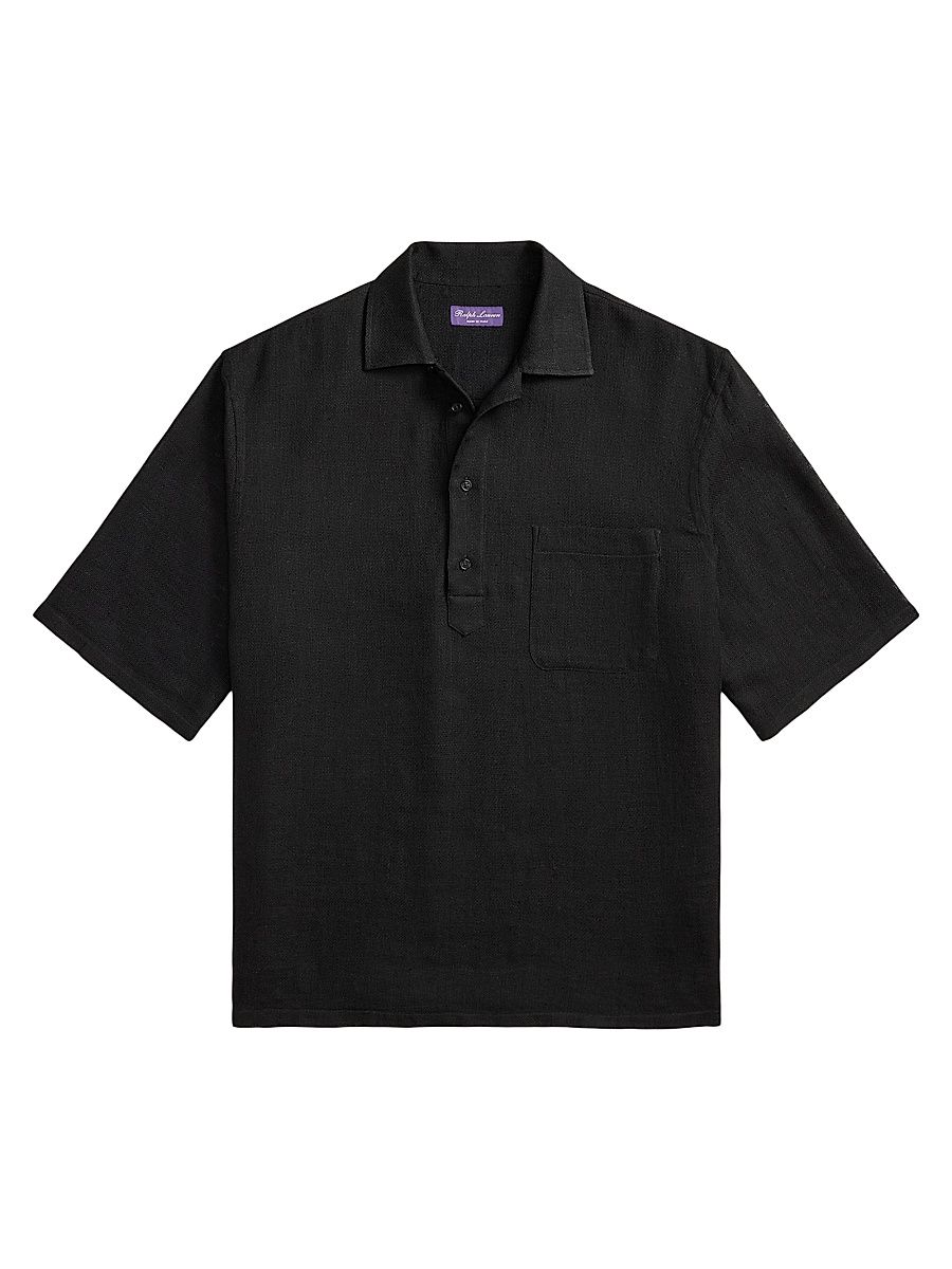 Men's Basketweave Silk-Linen-Cotton Sport Shirt - Polo Black - Size XXL