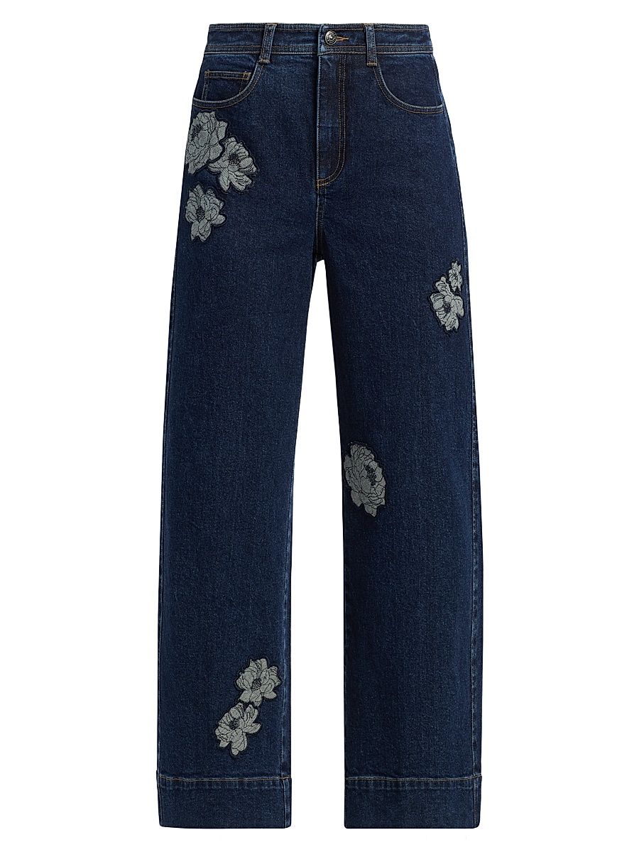 Women's Betsy Floral Appliqué Wide-Leg Jeans - Fontaine - Size 12