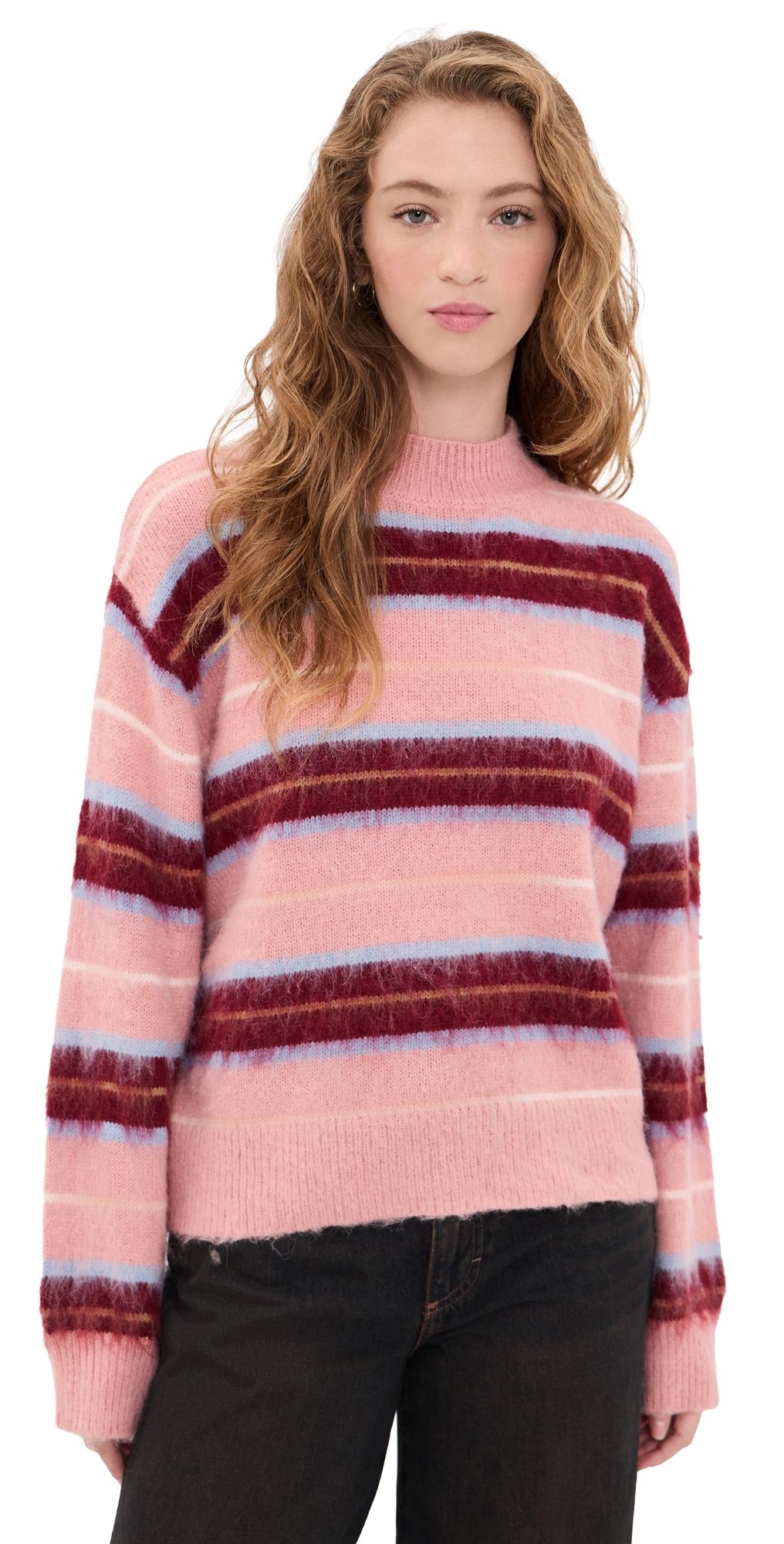 MINKPINK Aspen Brushed Stripe Sweater Pink/Wine Stripe M