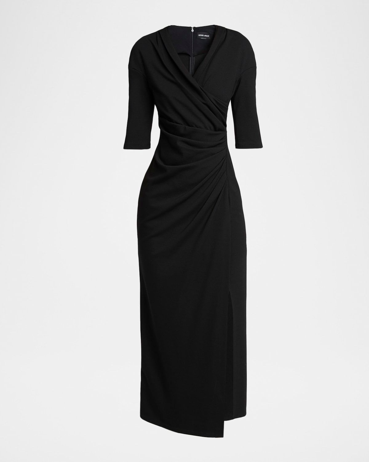 Elbow-Sleeve Draped Crepe Slit Midi Dress