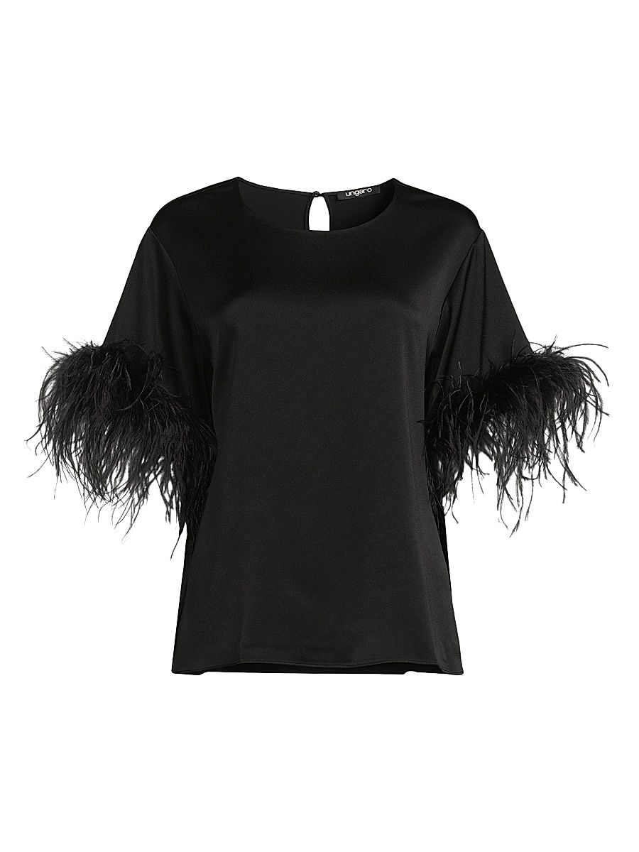 Women's Aria Feather-Trim Satin Blouse - Black - Size XL