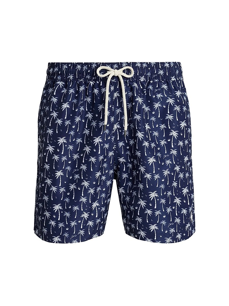 Men's Palm-Print Drawstring Swim Trunks - Blue Polo Palms - Size XXL