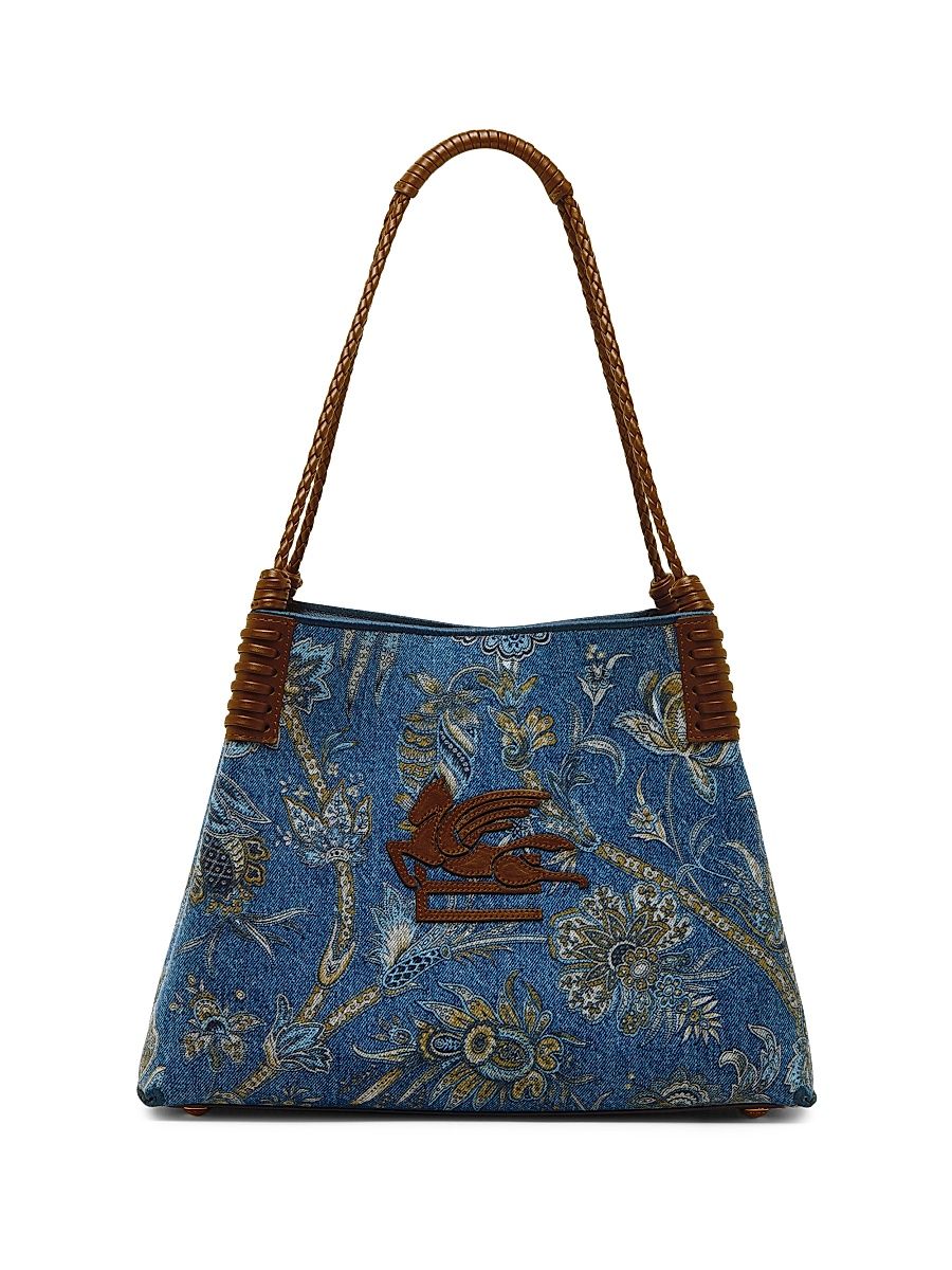 Women's Libra Small Printed Jacquard Denim Shopper Tote Bag - Print On Blue Base