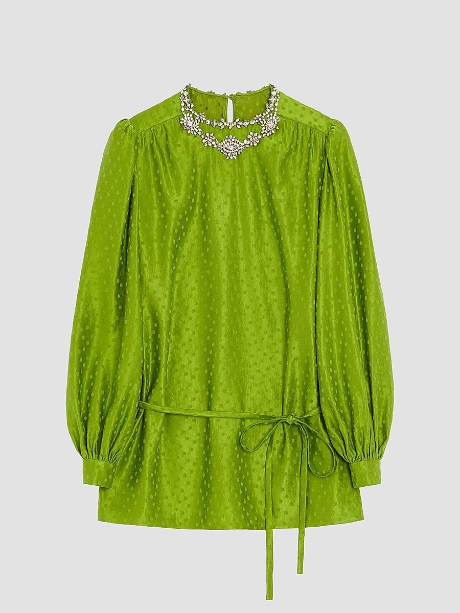 Women's Embroidered Silk-Linen Plus De Pois Jacquard Top - Avocado - Size 2