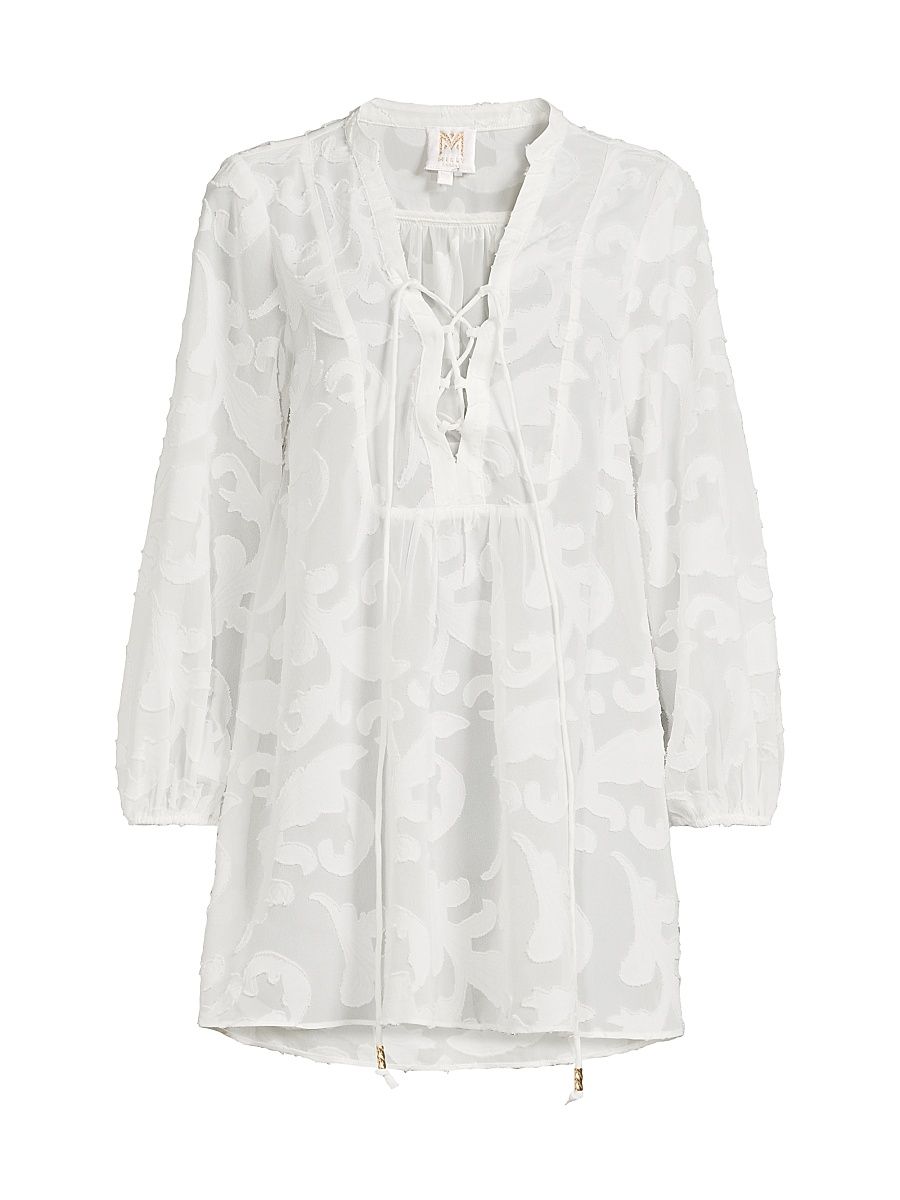 Women's Scroll Burnout V-Neck Minidress - White - Size Medium