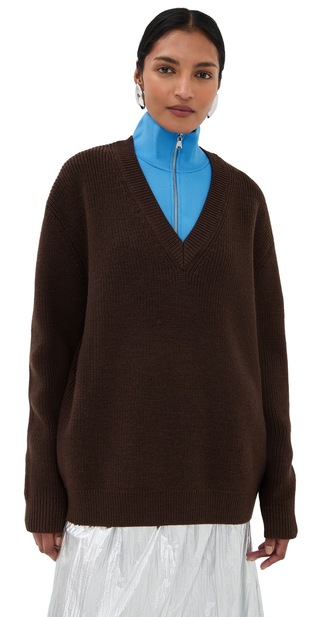 Tibi Cardigan Stitch V Neck with Removable Dickie Brown L