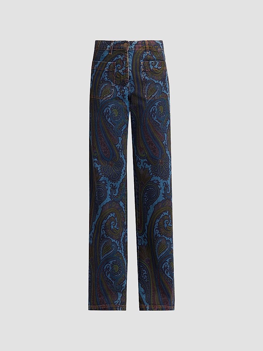 Women's Paisley Cotton-Blend Flared Jeans - Printed Blue - Size 30