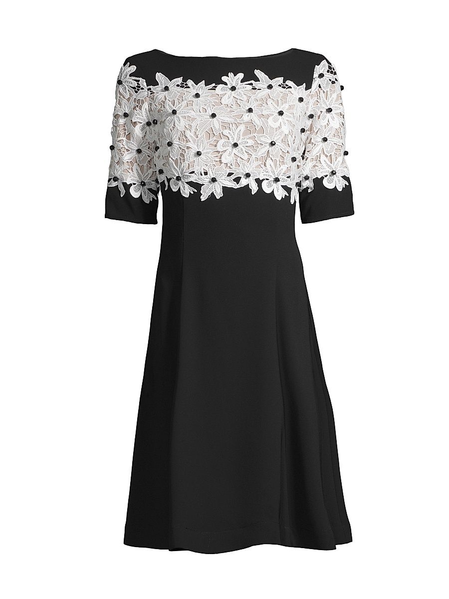 Women's Lace Fit & Flare Crepe A-Line Dress - Black White - Size 8