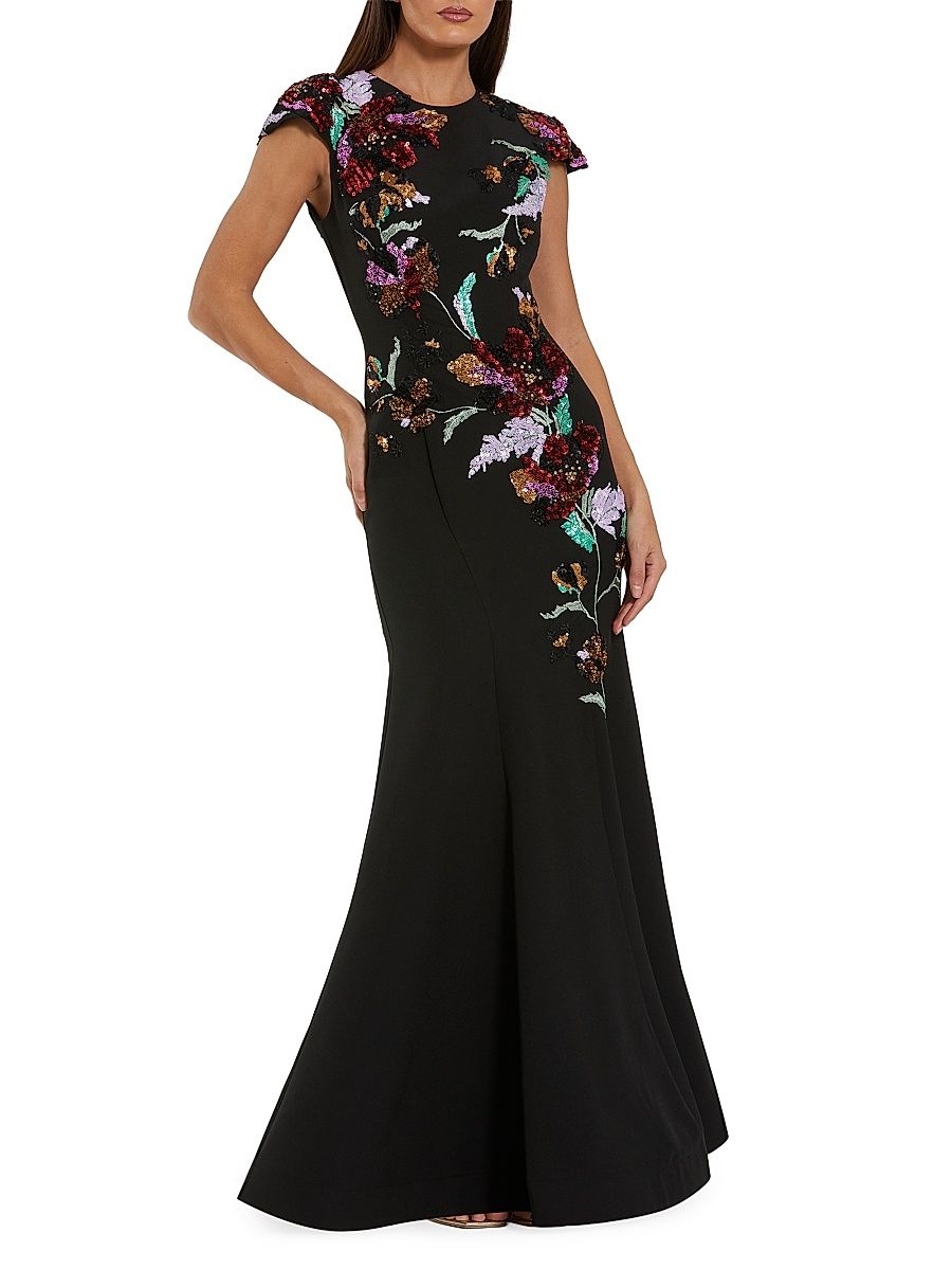 Women's Floral Sequin-Embellished Crepe Mermaid Gown - Black Multi - Size 16