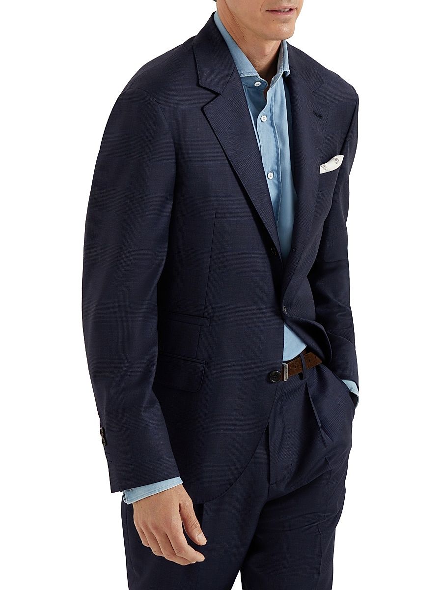 Men's Virgin Wool Prince of Wales Blazer - Blue - Size 48