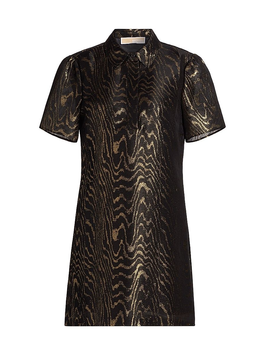 Women's Metallic Moiré Mini Shirtdress - Black Gold - Size 12