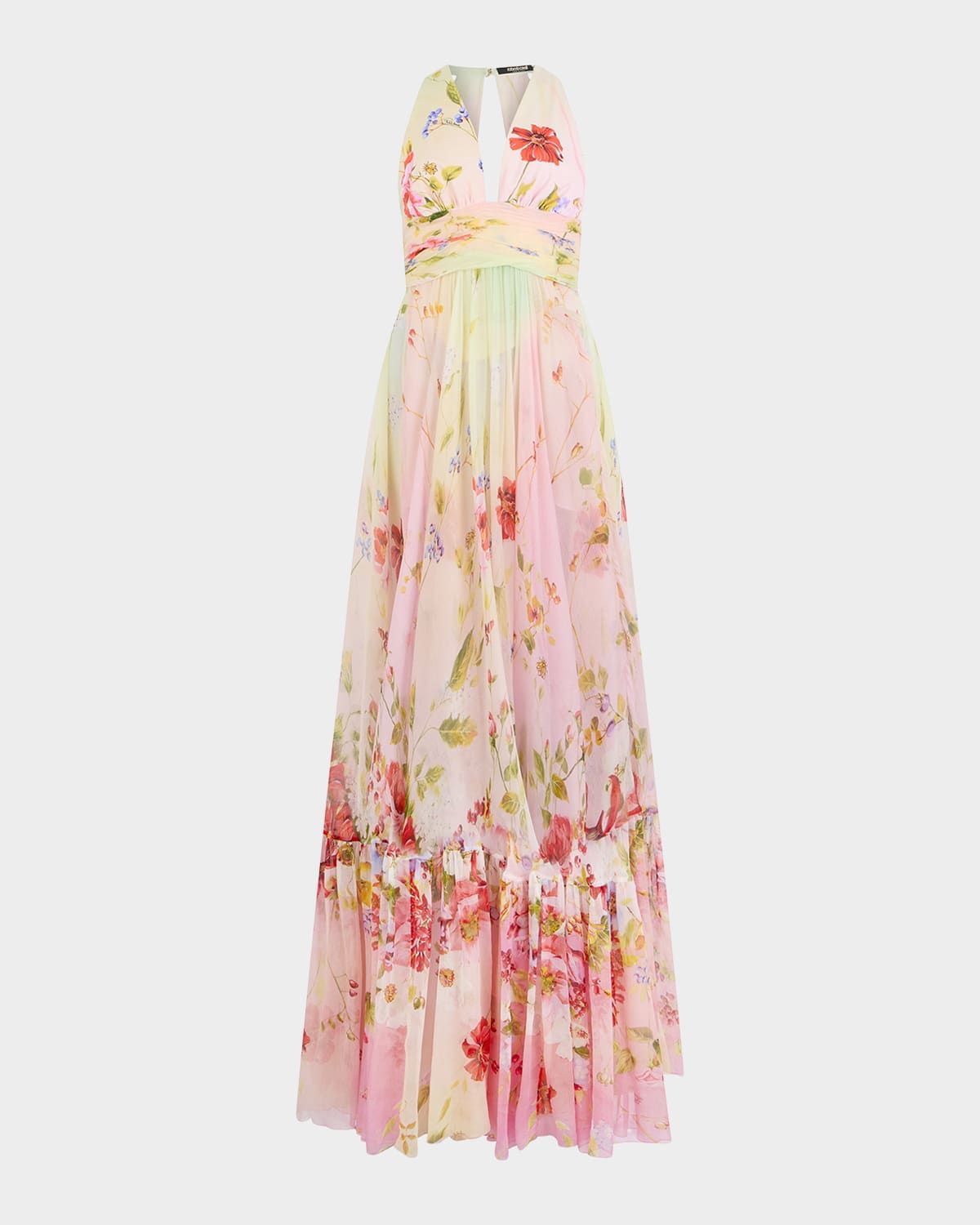Miami Flowers Print Plunging Silk Chiffon Gown