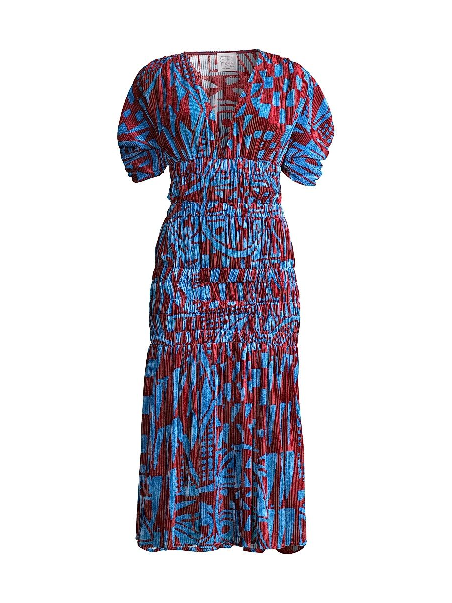 Women's Smocked Velvet Midi-Dress - Blue Multi - Size 6