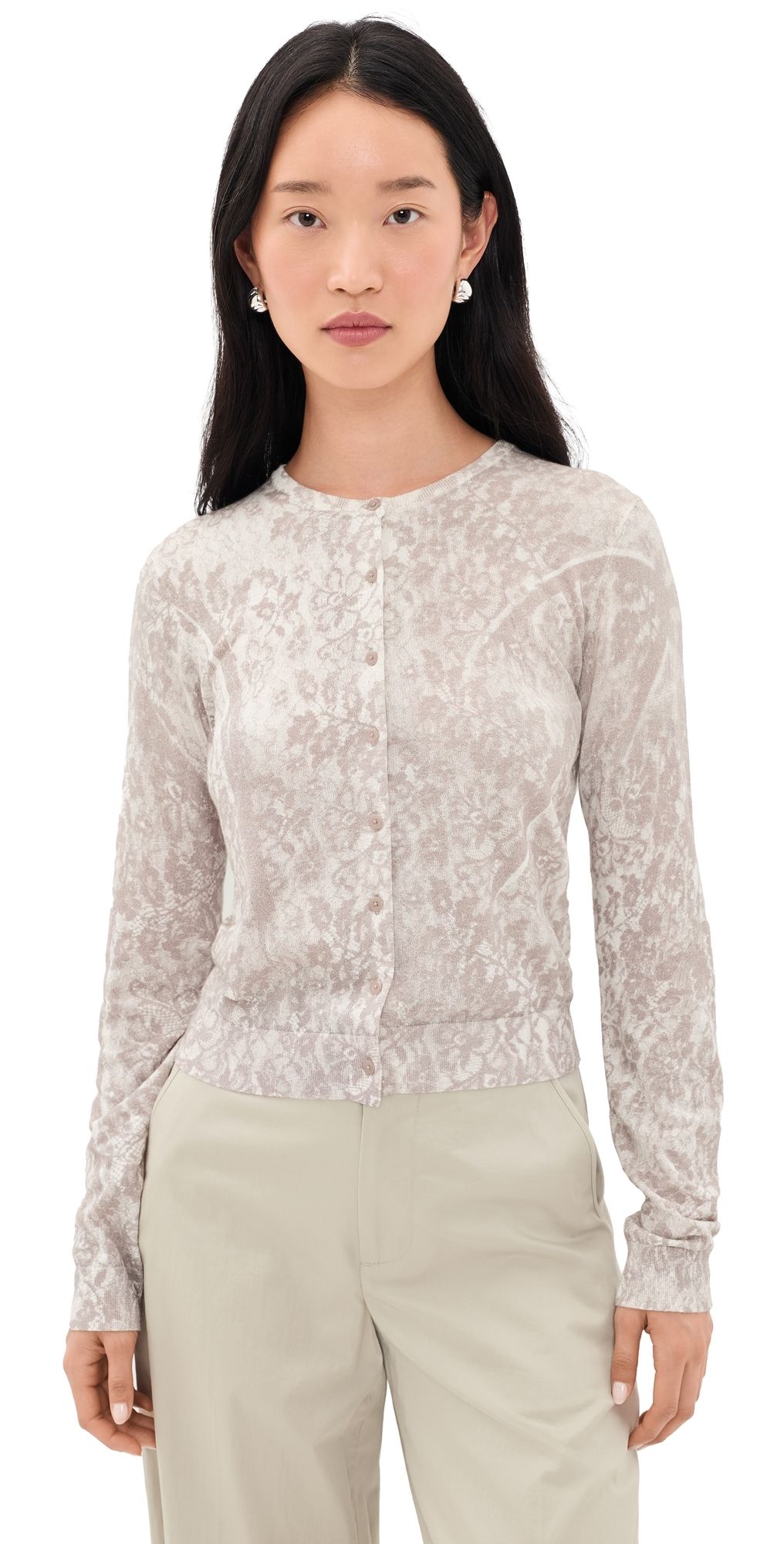 Vince Printed Floral Cardigan Mauve Lilac Lace L