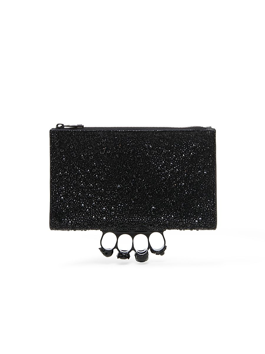 Women's Knuckle Embellished Leather Flat Pouch - Black
