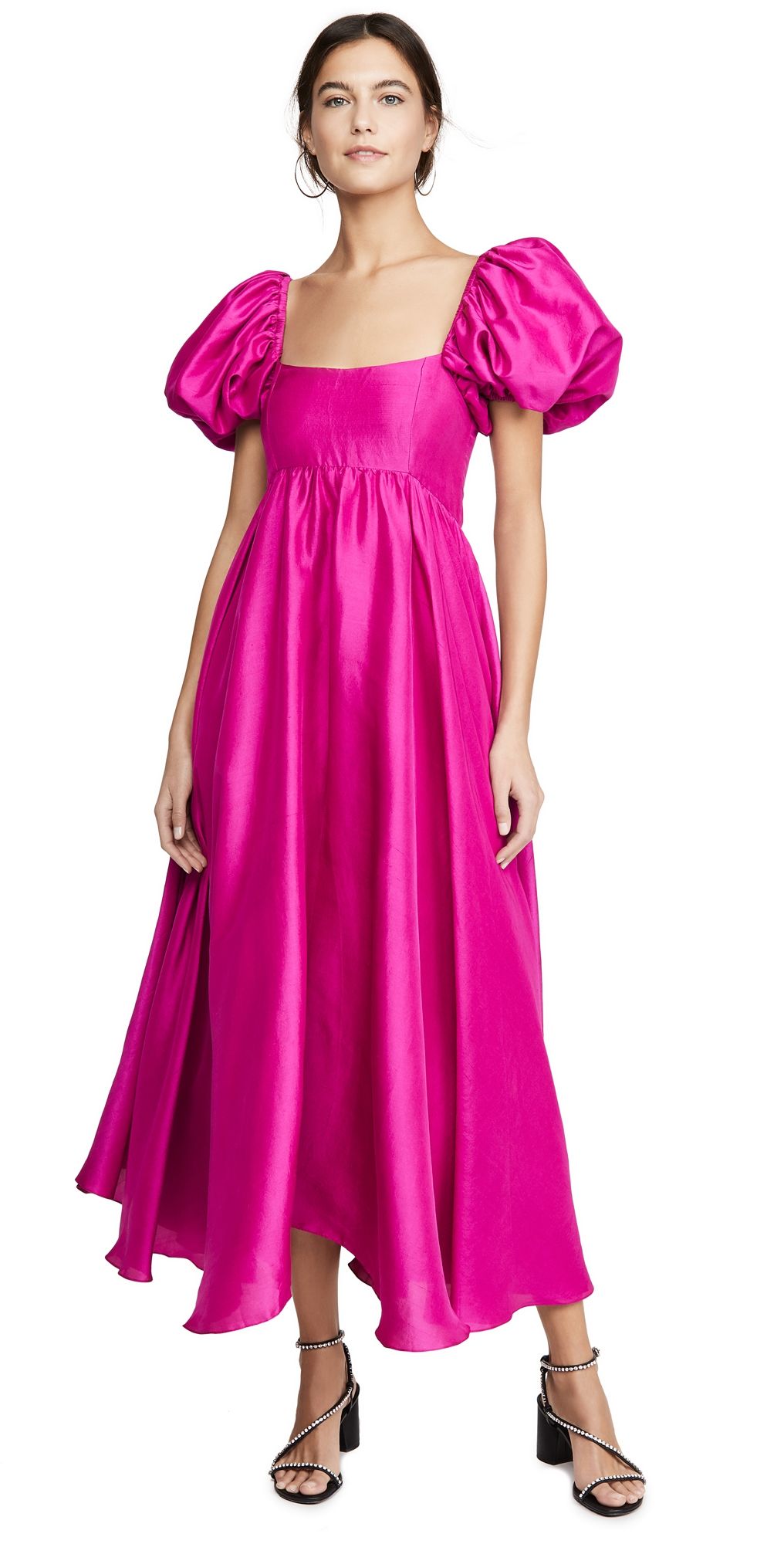 Azeeza Rory Puff Sleeve Silk Dress Magenta M