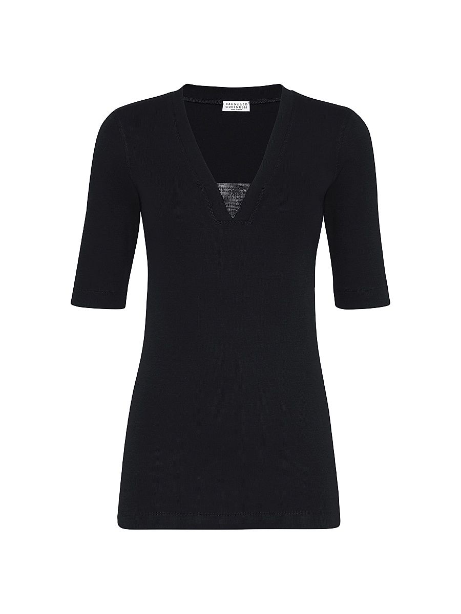 Women's Stretch Cotton Ribbed Jersey T-Shirt - Black - Size XXS
