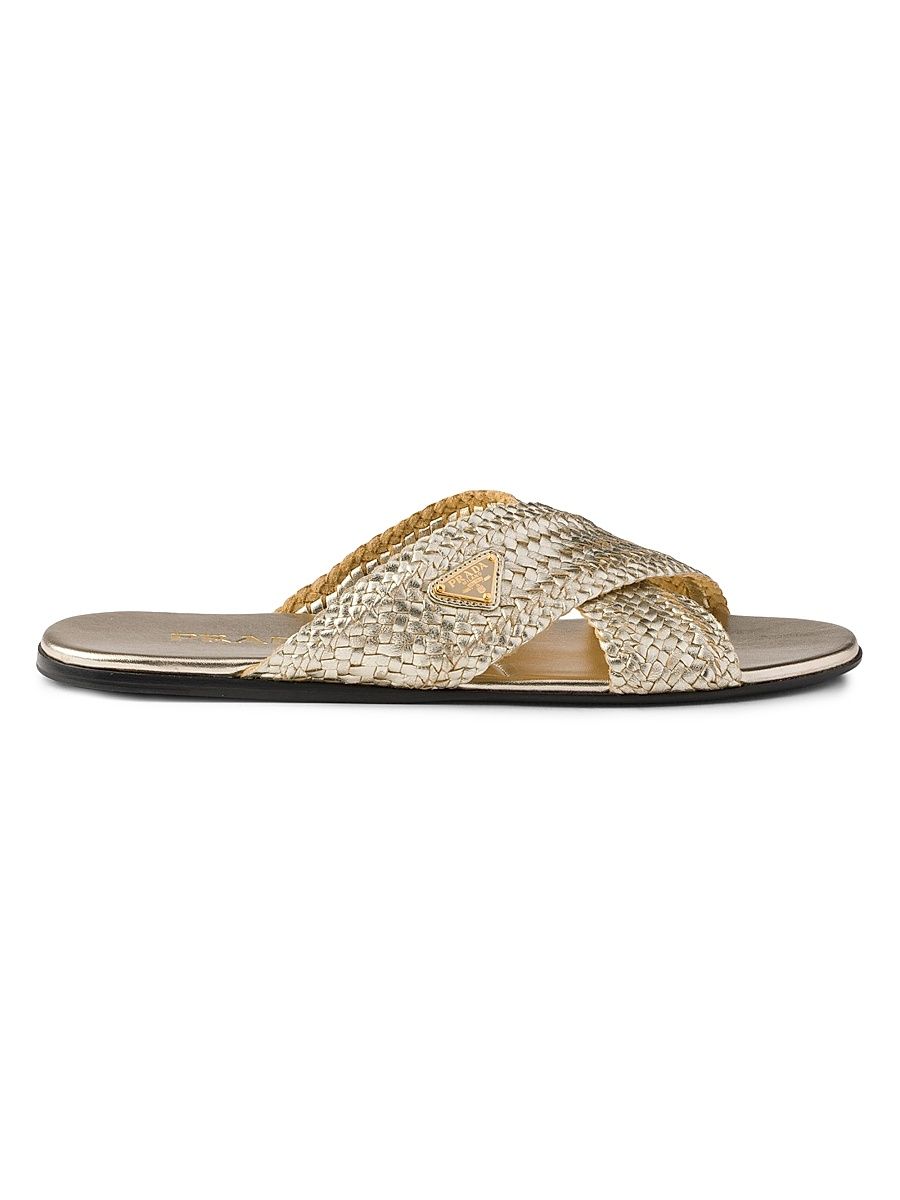 Women's Woven Leather Crisscross Slides - Gold - Size 7