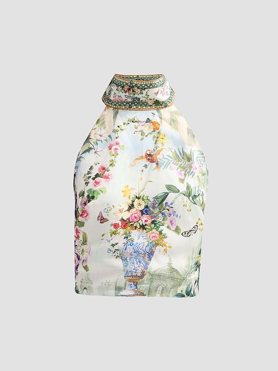 Women's Halterneck Scarf Printed Top - Green - Size Medium