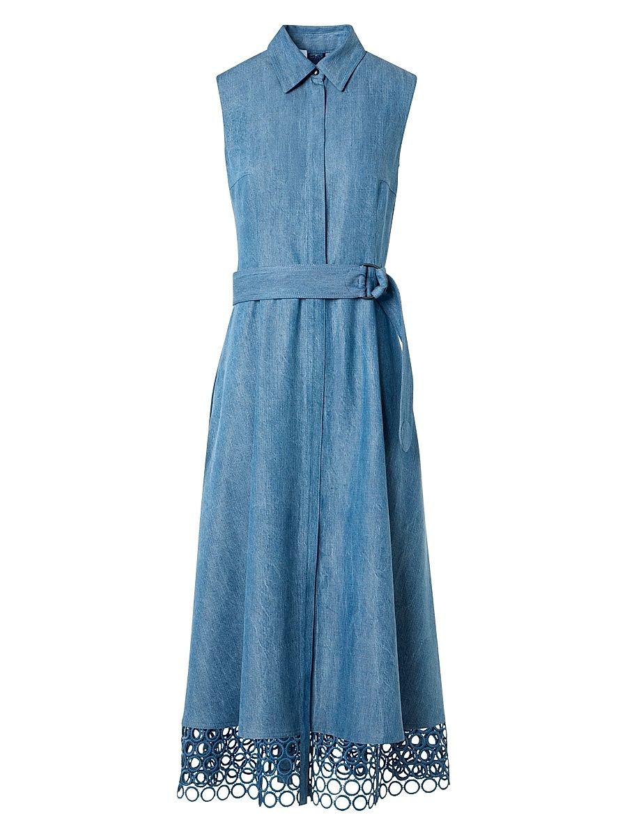 Women's Guipure Washed-Denim Belted Midi-Dress - Medium Blue Denim - Size 2